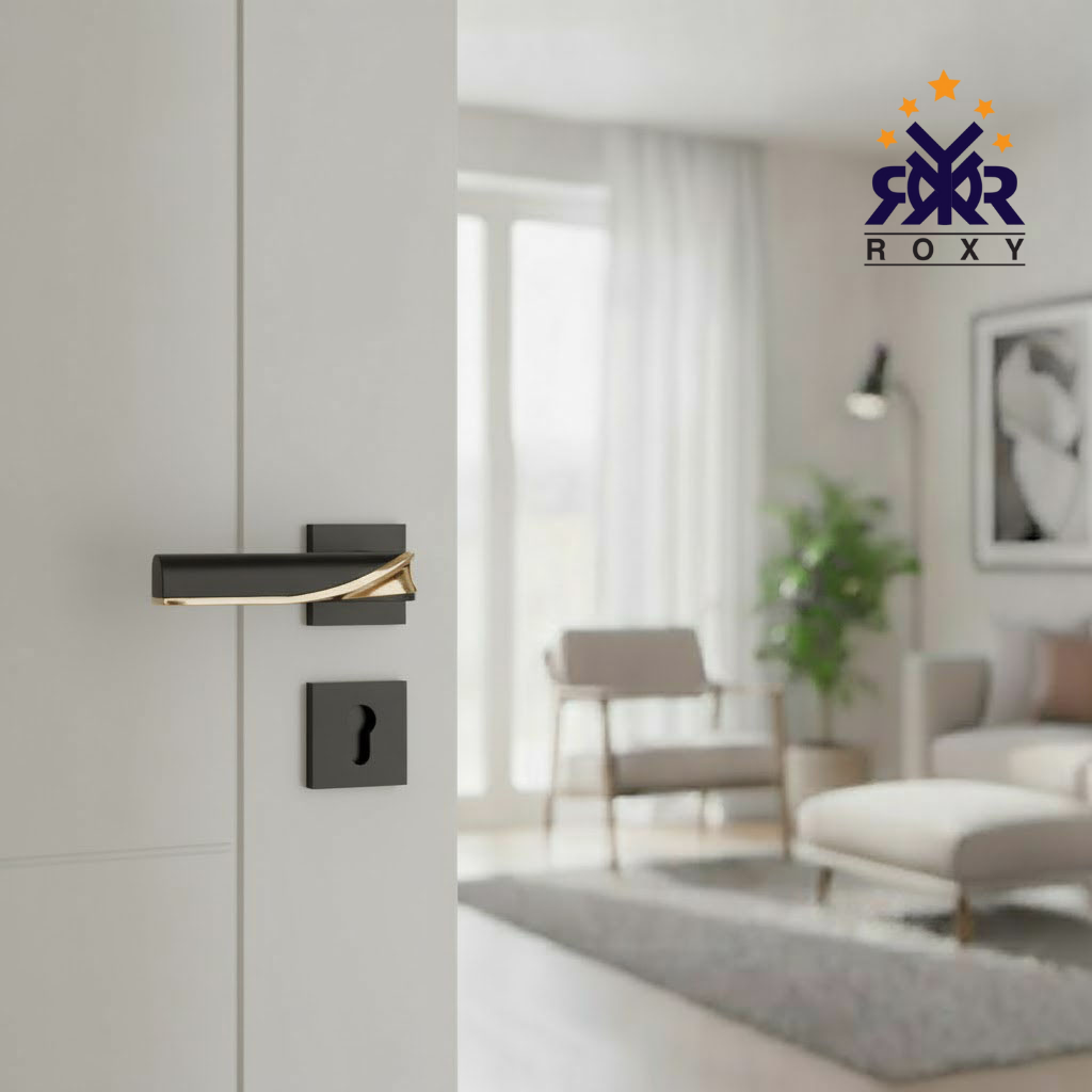 مقبض باب بلون الأسود وذهبي بتصميم فاخر منحني وجودة عالية