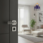 مقبض باب ROXY الفاخرة – تصميم عصري باللون الأسود والإطار المعدني الفضي اللامع