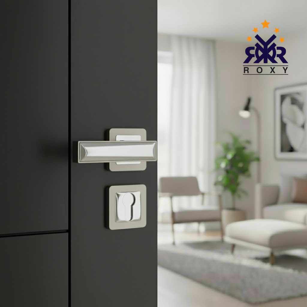 مقبض باب سيلفر كروم بتصميم مستطيل مزدوج اللمعة