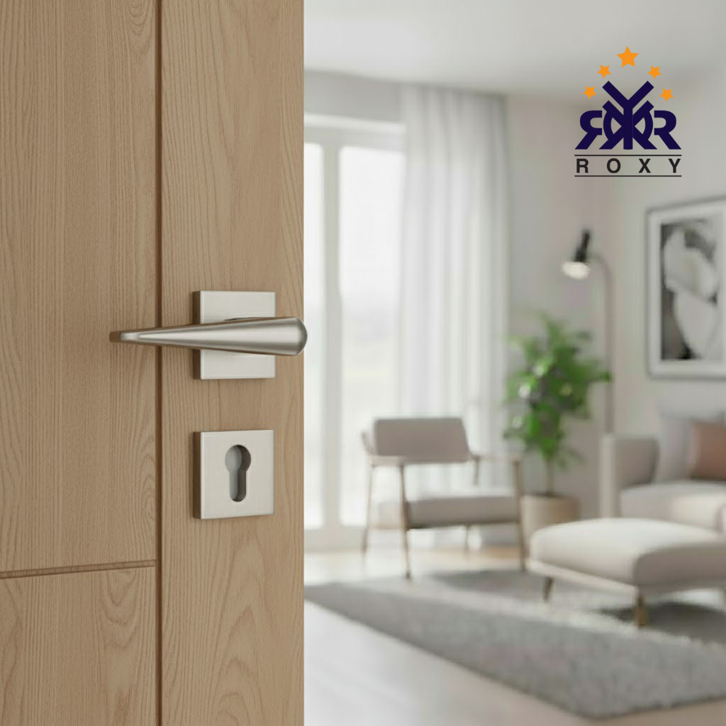 مسكة باب فاخر باللون الفضي المطفي ذات تصميم هندسي عصري